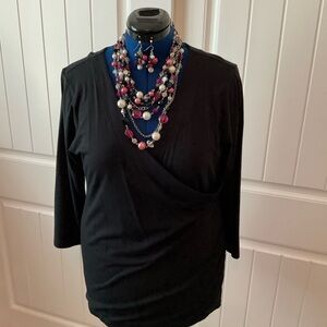 Soft Surroundings Black 3/4 Sleeve Faux Wrap Top XL